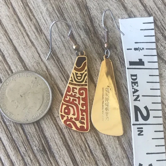 National Palace Museum Earrings Shield Drop Enamel Asian Art Motif Gold Tone - Picture 2 of 4